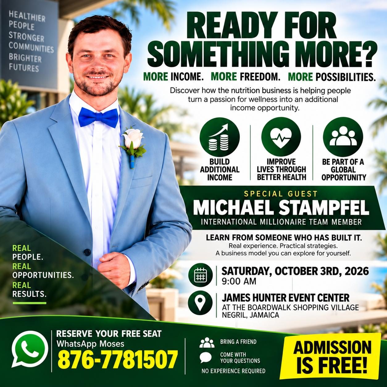 Business opportunity event flyer — Saturday 3 October 2026, James Hunter Event Center, Negril